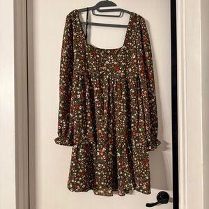 BCBG Paris Olive and Red Floral Tiered Ruffle Babydoll Dress